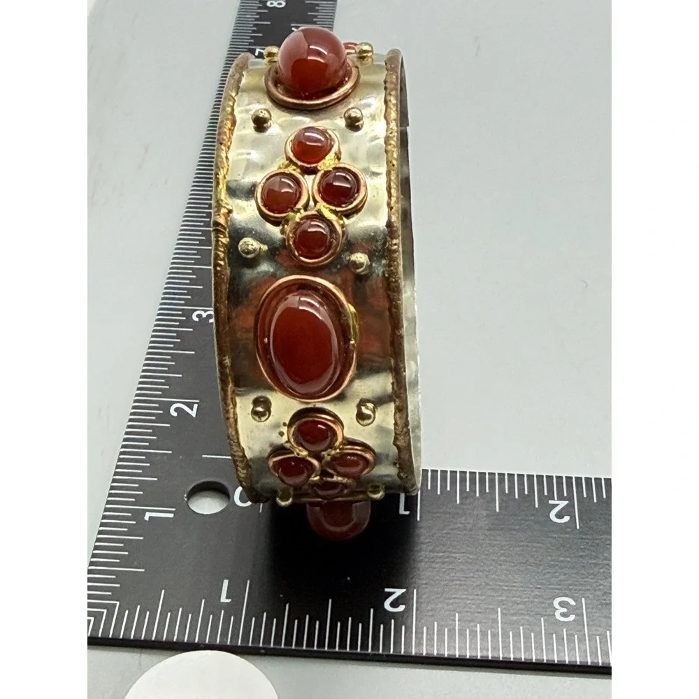 Vintage Boho red Cabochon Studded Bangle Bracelet Hammered Silver Tone Statement
